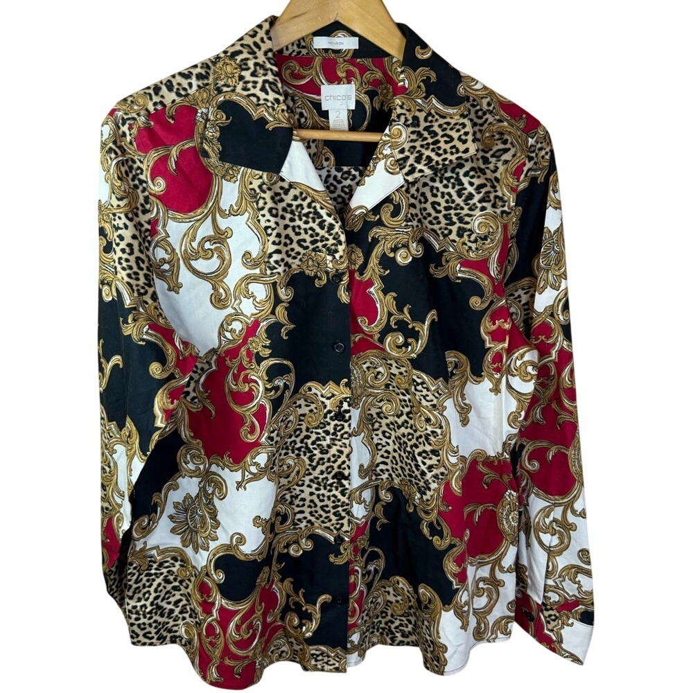 Chico's 2 Top Effortless Chic Leopard Print RITA Non Iron Large Button Front